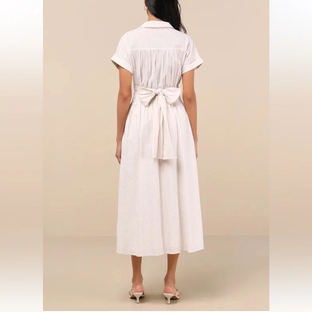 Lulu's Cream and Light Beige Striped Midi Dress - Picture 2 of 8